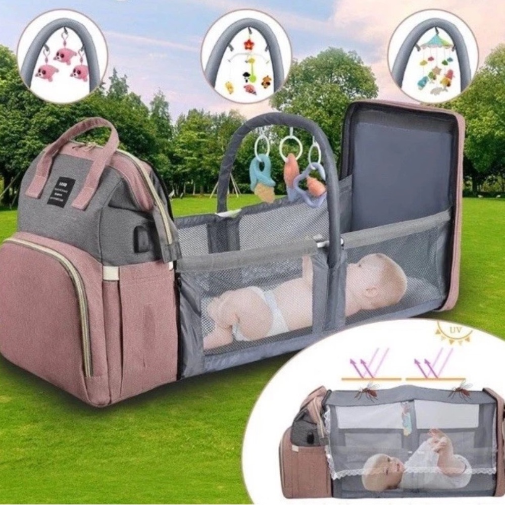 NEW Land Pink & Gray Diaper Bag & Bassinet for Girl- keeps baby safe